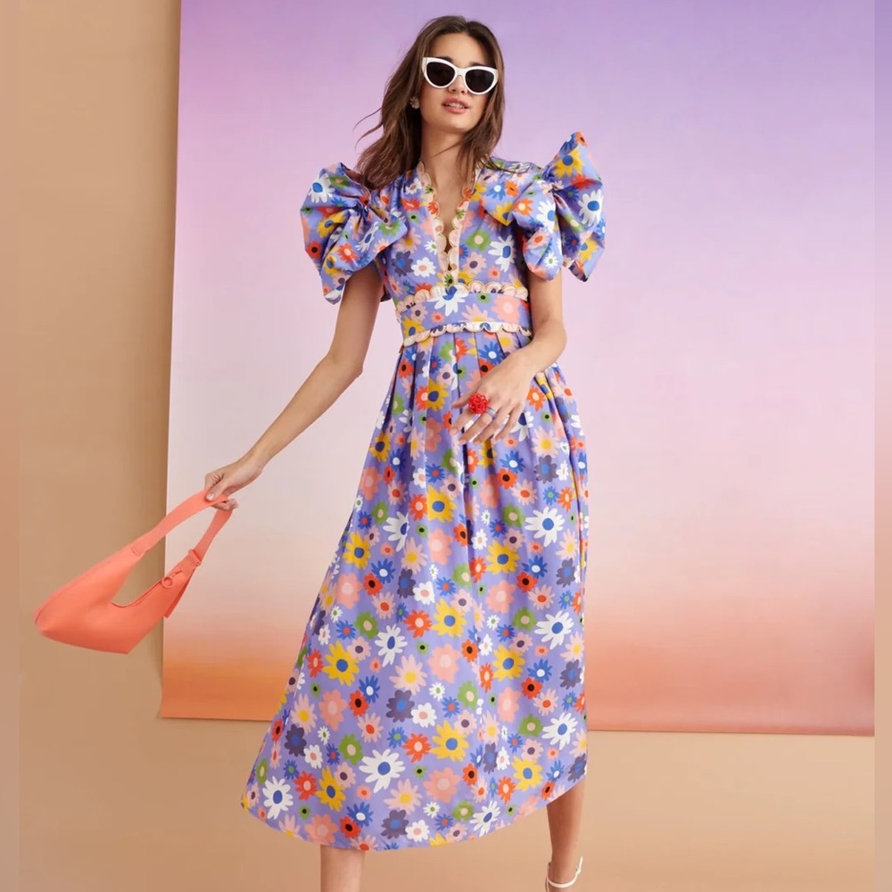CeliaB Lavender Floral Puff-Sleeve Midi Dress with Multicolor Daisies